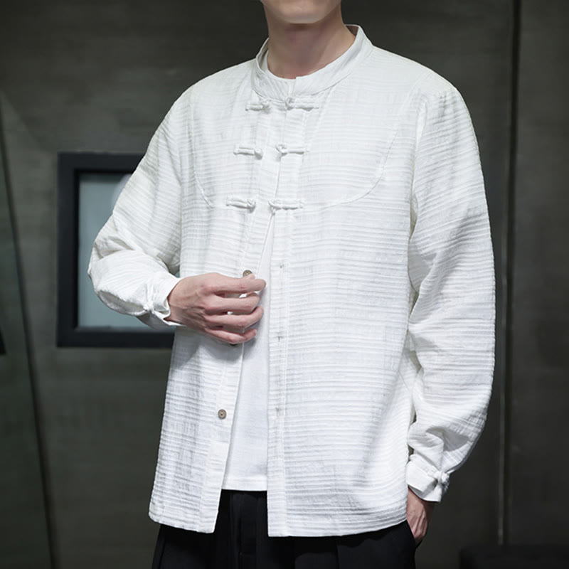 Buddha Stones Solid Color Half Frog-button Tang Suit Cotton Linen Men's Jacket Shirt - White - US/UK/AU46，EU56 (5XL) - image 8