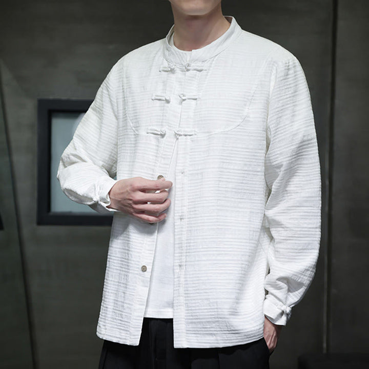 Buddha Stones Solid Color Half Frog-button Tang Suit Cotton Linen Men's Jacket Shirt - White - US/UK/AU46，EU56 (5XL) - image 8