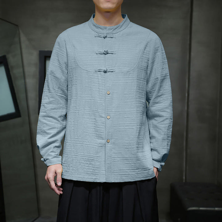 Buddha Stones Solid Color Half Frog-button Tang Suit Cotton Linen Men's Jacket Shirt - image 6