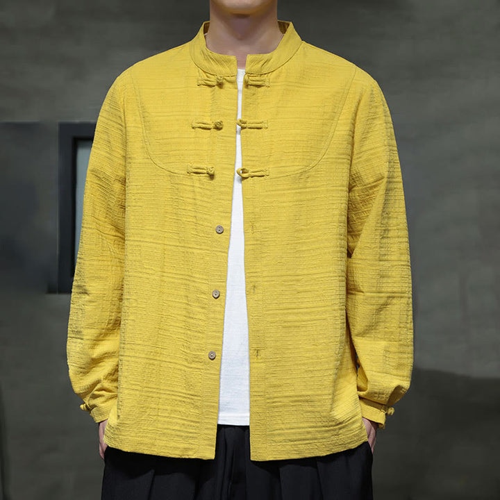 Buddha Stones Solid Color Half Frog-button Tang Suit Cotton Linen Men's Jacket Shirt - Yellow - US/UK/AU46，EU56 (5XL) - image 24