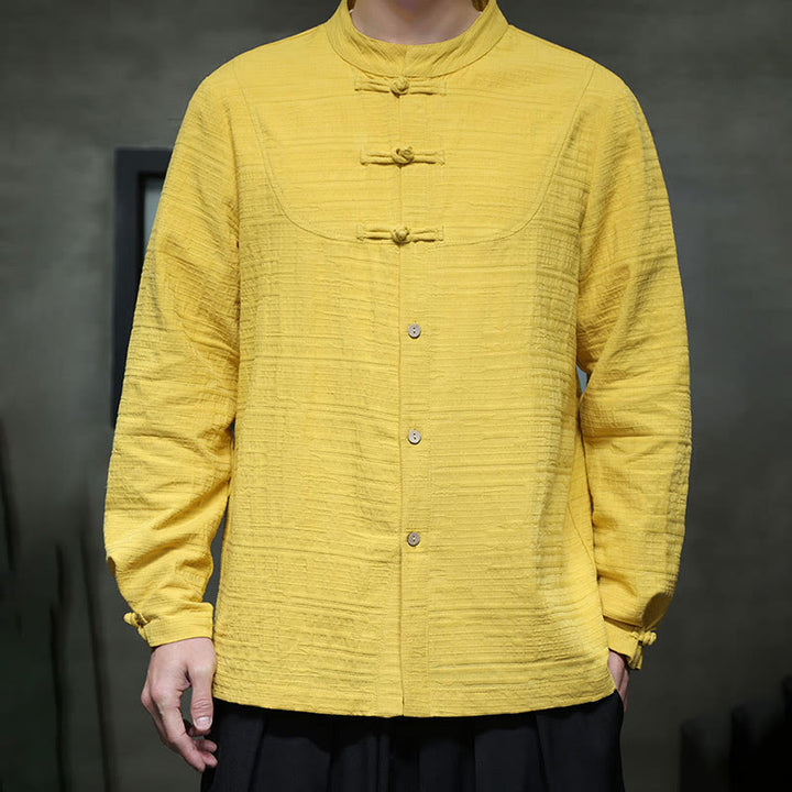 Buddha Stones Solid Color Half Frog-button Tang Suit Cotton Linen Men's Jacket Shirt - image 25