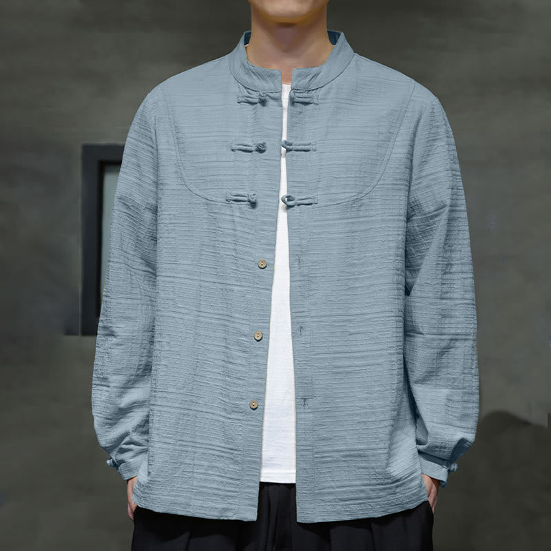 Buddha Stones Solid Color Half Frog-button Tang Suit Cotton Linen Men's Jacket Shirt - image 1