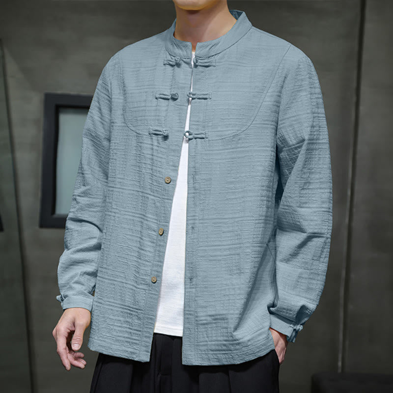 Buddha Stones Solid Color Half Frog-button Tang Suit Men's Jacket Shirt - CadetBlue - US/UK/AU46，EU56 (5XL) - image 0