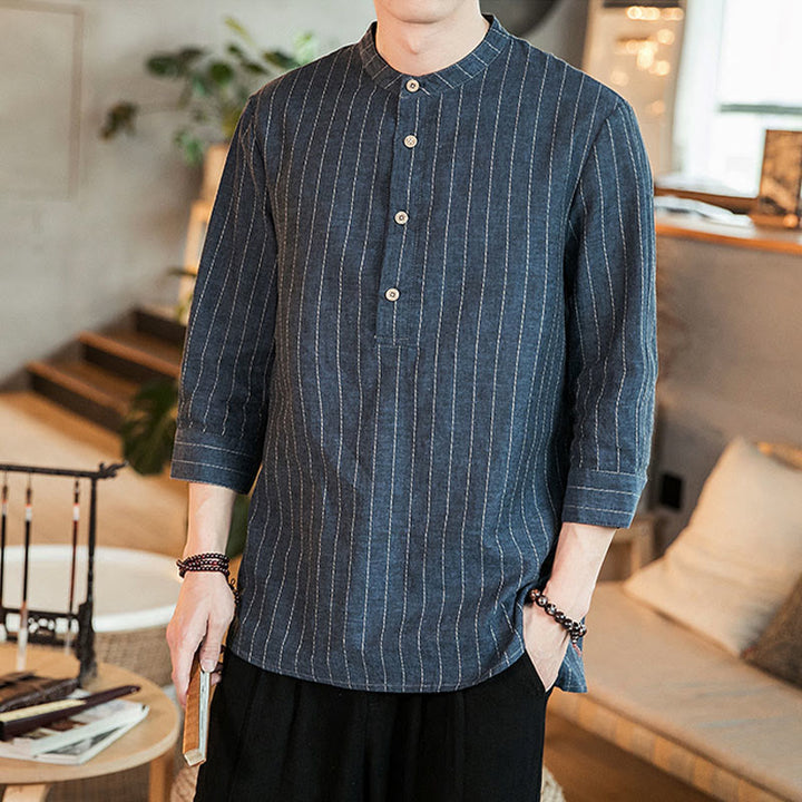 Buddha Stones Half Button Striped Three Quarter Sleeves Linen Men's Shirt - DarkBlue - US/UK/AU46，EU56 (5XL) - image 0