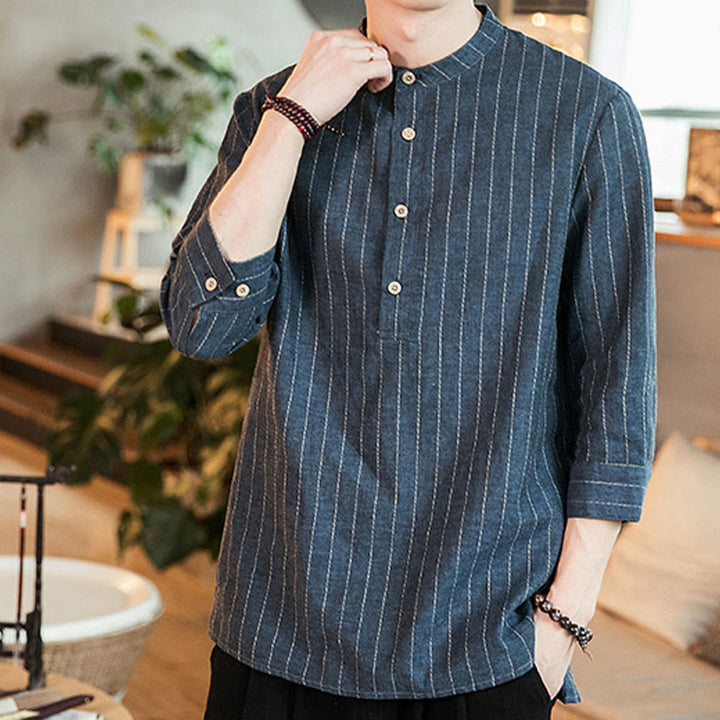 Buddha Stones Half Button Striped Three Quarter Sleeves Linen Men's Shirt - image 2
