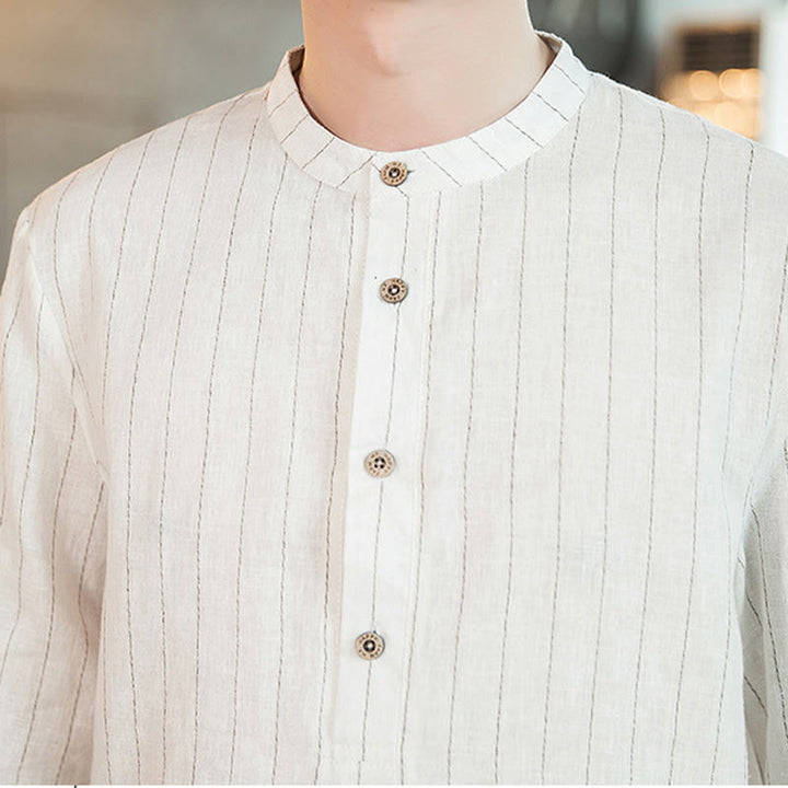 Buddha Stones Half Button Striped Three Quarter Sleeves Linen Men's Shirt - image 22