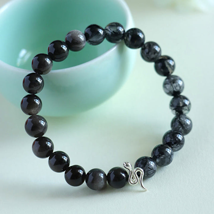 Buddha Stones Natural Sun Stone Super Seven Crystal Silver Sheen Obsidian Rutilated Quartz 925 Sterling Silver Year Of The Snake Positive Bracelet - image 10