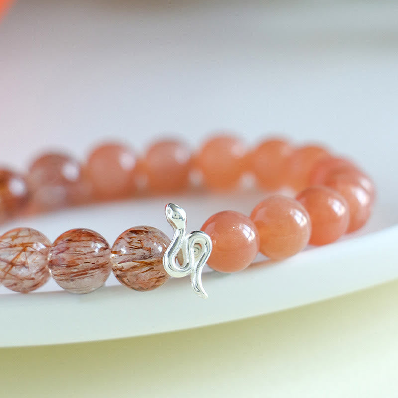 Buddha Stones Natural Sun Stone Super Seven Crystal Silver Sheen Obsidian Rutilated Quartz 925 Sterling Silver Year Of The Snake Positive Bracelet - image 2