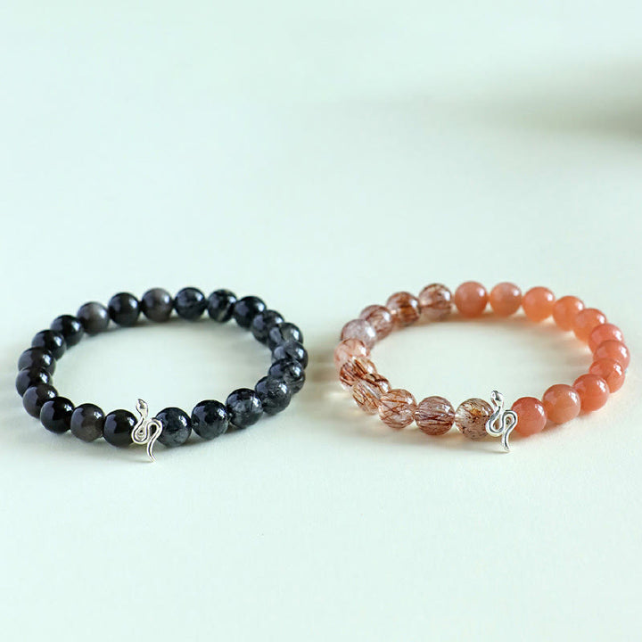 Buddha Stones Natural Sun Stone Super Seven Crystal Silver Sheen Obsidian Rutilated Quartz 925 Sterling Silver Year Of The Snake Positive Bracelet - image 13