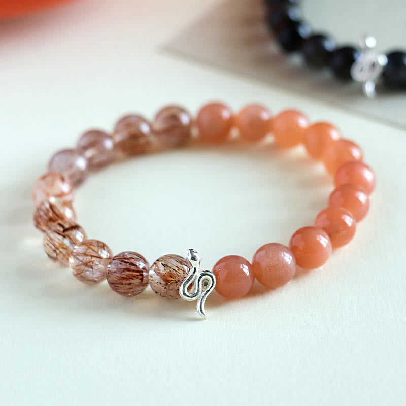 Buddha Stones Natural Sun Stone Super Seven Crystal Silver Sheen Obsidian Rutilated Quartz 925 Sterling Silver Year Of The Snake Positive Bracelet - image 1