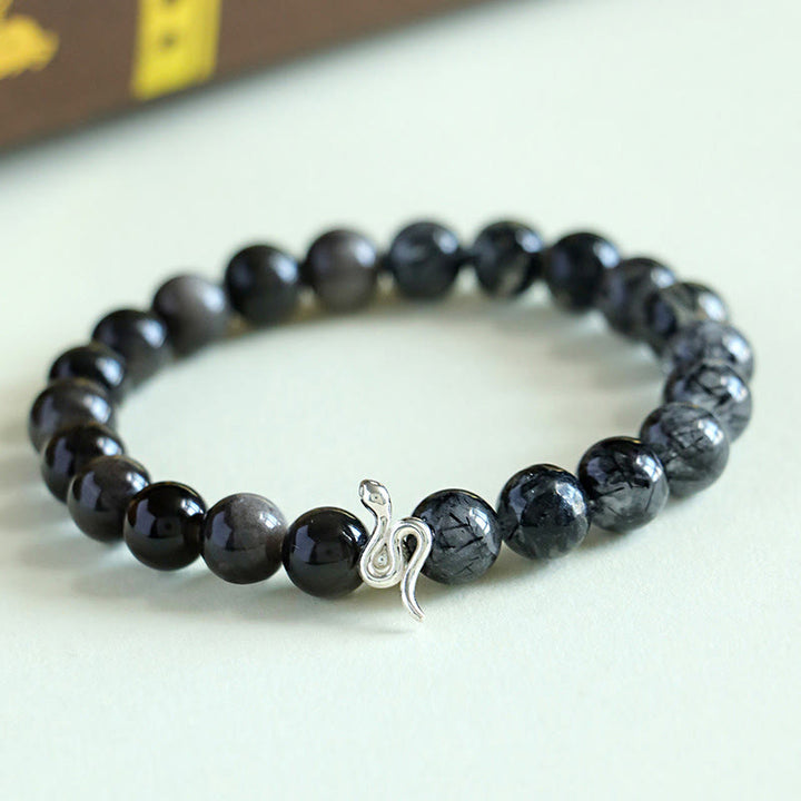 Buddha Stones Natural Sun Stone Super Seven Crystal Silver Sheen Obsidian Rutilated Quartz 925 Sterling Silver Year Of The Snake Positive Bracelet - Silver Sheen Obsidian & Black Rutilated Quartz(Wrist Circumference: 13-15cm) - image 9