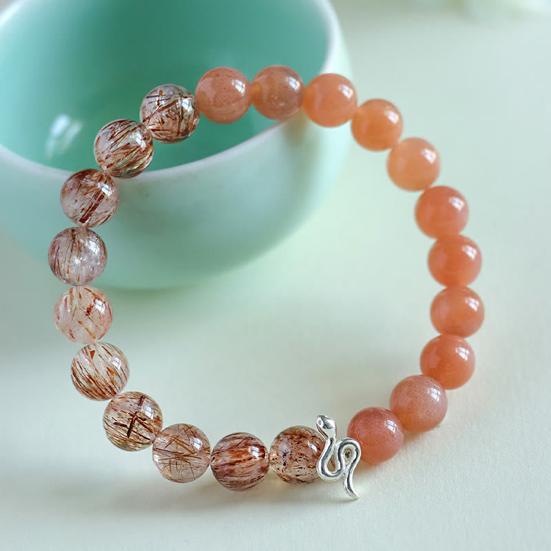 Buddha Stones Natural Sun Stone Super Seven Crystal Silver Sheen Obsidian Rutilated Quartz 925 Sterling Silver Year Of The Snake Positive Bracelet - image 8