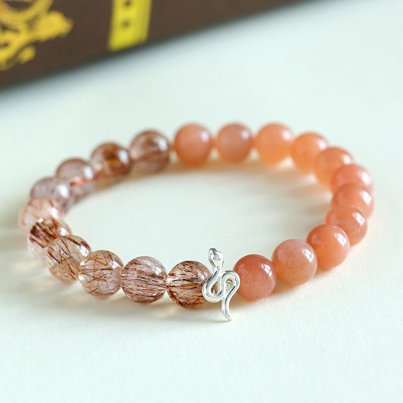 Buddha Stones Natural Sun Stone Super Seven Crystal Silver Sheen Obsidian Rutilated Quartz 925 Sterling Silver Year Of The Snake Positive Bracelet - Sun Stone&Super Seven Crystal(Wrist Circumference: 13-15cm) - image 0