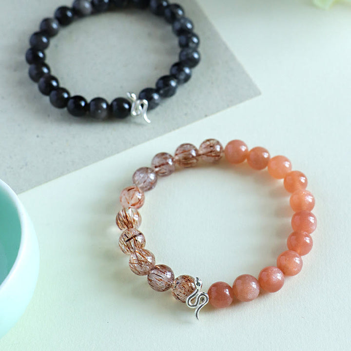 Buddha Stones Natural Sun Stone Super Seven Crystal Silver Sheen Obsidian Rutilated Quartz 925 Sterling Silver Year Of The Snake Positive Bracelet - image 14