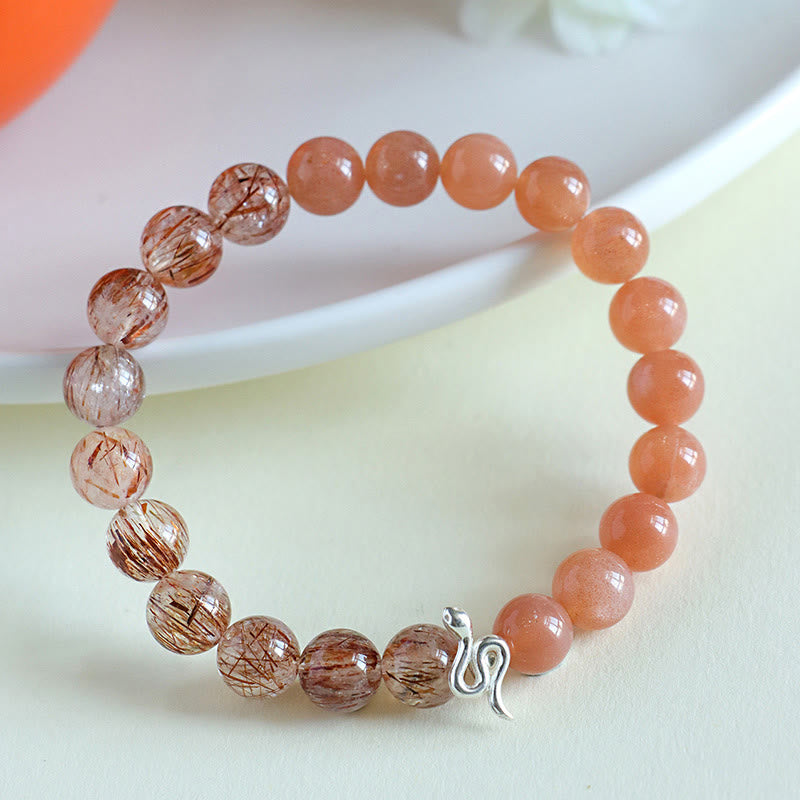 Buddha Stones Natural Sun Stone Super Seven Crystal Silver Sheen Obsidian Rutilated Quartz 925 Sterling Silver Year Of The Snake Positive Bracelet - image 3