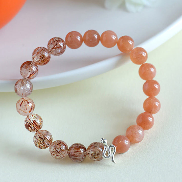 Buddha Stones Natural Sun Stone Super Seven Crystal Silver Sheen Obsidian Rutilated Quartz 925 Sterling Silver Year Of The Snake Positive Bracelet - image 3