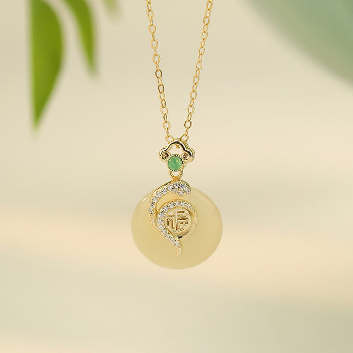 Buddha Stones 925 Sterling Silver Fu Character Hetian Jade Peace Buckle Year Of The Snake Luck Necklace Pendant - 925 Sterling Silver Plated 14k Gold - image 7