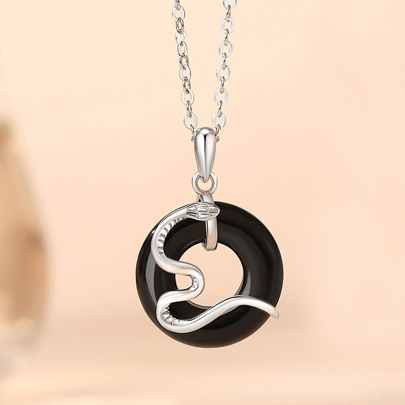 Buddha Stones 925 Sterling Silver Black Onyx Chalcedony Peace Buckle Year Of The Snake Luck Necklace Pendant - 925 Sterling Silver Black Onyx Peace Buckle - image 1