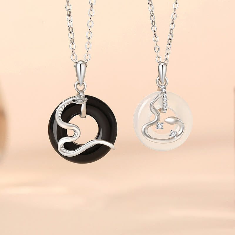 Buddha Stones 925 Sterling Silver Black Onyx Chalcedony Peace Buckle Year Of The Snake Luck Necklace Pendant - image 0
