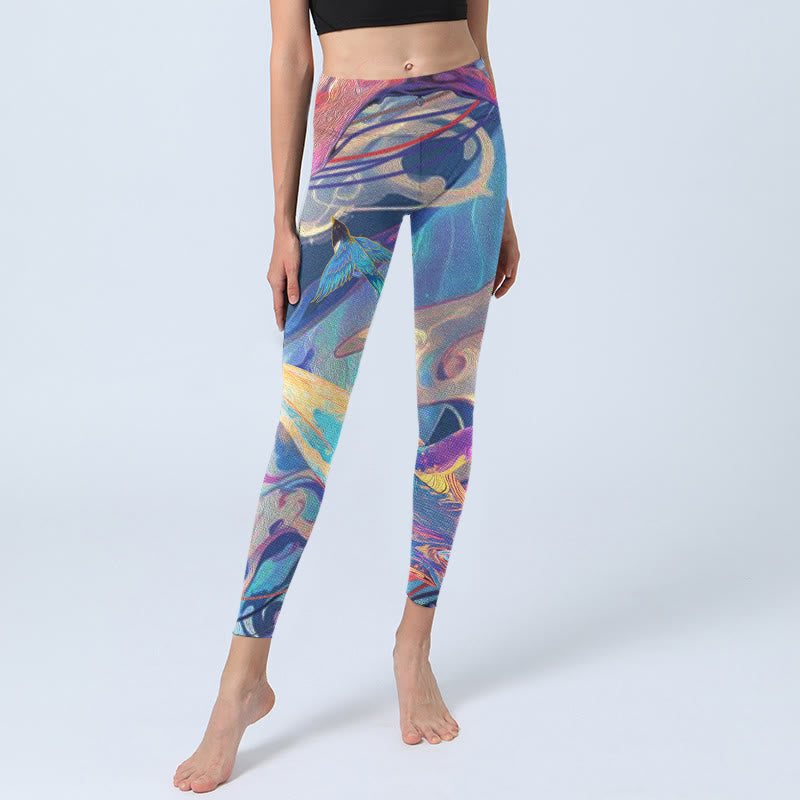 Buddha Stones Whales Swallows Waves Print Gym Leggings Women's Yoga Pants - image 5