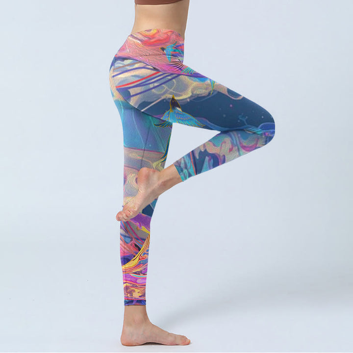 Buddha Stones Whales Swallows Waves Print Gym Leggings Women's Yoga Pants - image 3