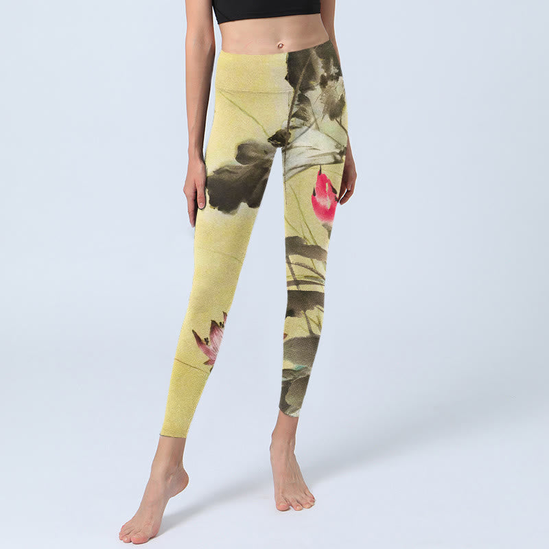 Buddha Stones Pink Blooming And Unbloomed Lotus Print Gym Leggings Women's Yoga Pants - image 5