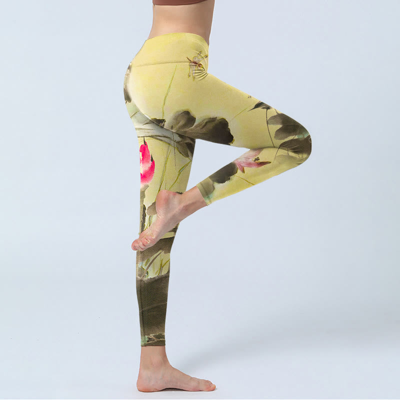 Buddha Stones Pink Blooming And Unbloomed Lotus Print Gym Leggings Women's Yoga Pants - image 3