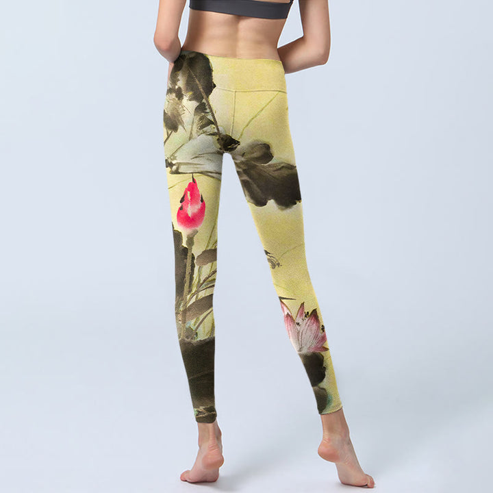 Buddha Stones Pink Blooming And Unbloomed Lotus Print Gym Leggings Women's Yoga Pants - image 6