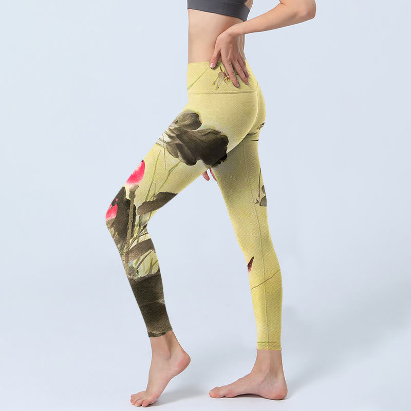 Buddha Stones Pink Blooming And Unbloomed Lotus Print Gym Leggings Women's Yoga Pants - image 2