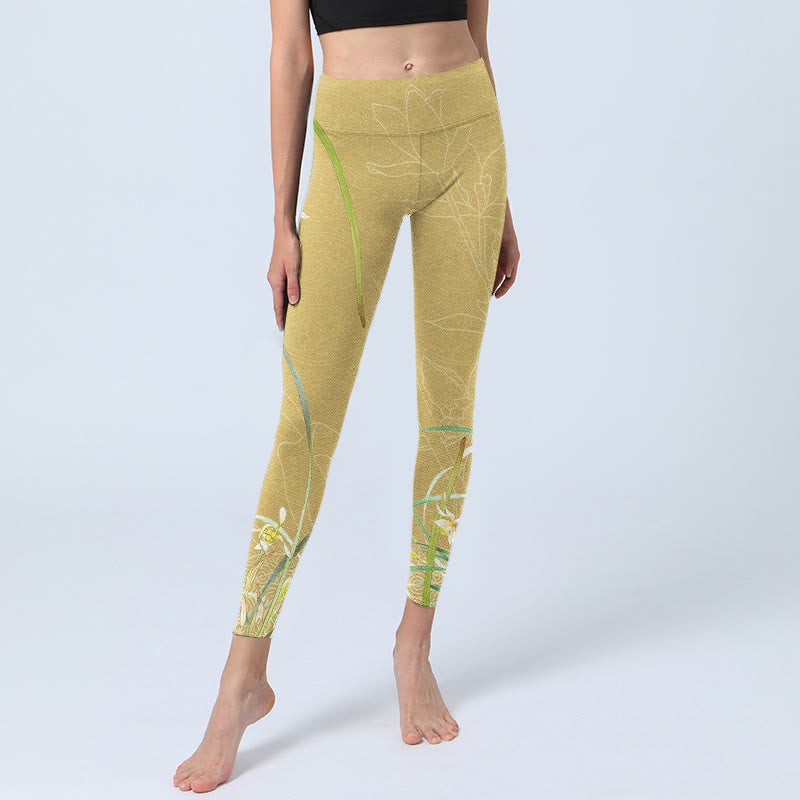 Buddha Stones Yellow Orchid Flowers Weeping Leaves Print Gym Leggings Women's Yoga Pants - image 5