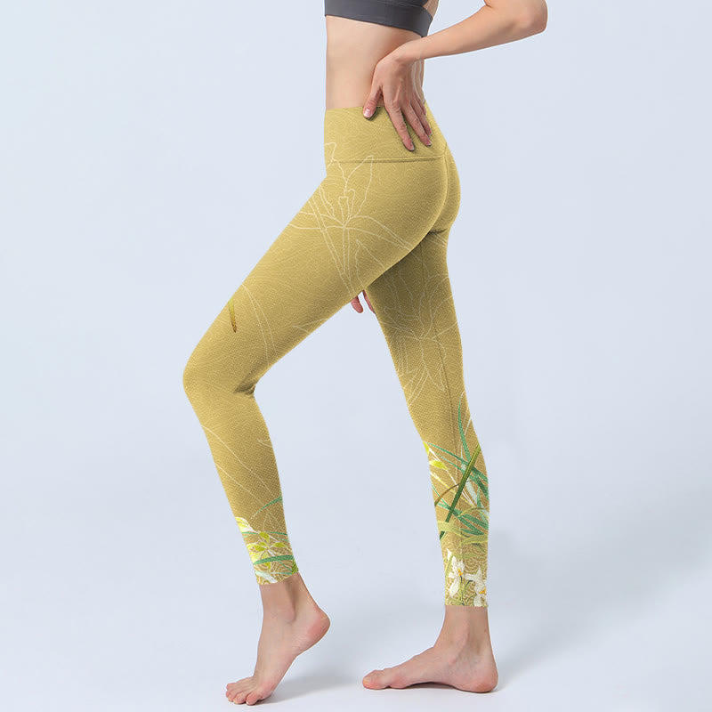 Buddha Stones Yellow Orchid Flowers Weeping Leaves Print Gym Leggings Women's Yoga Pants - image 2