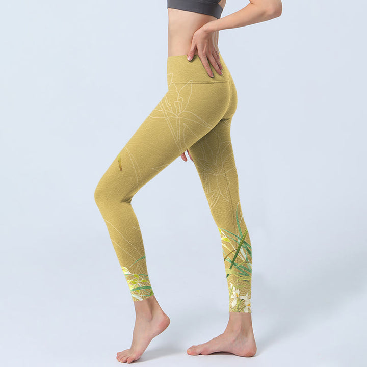 Buddha Stones Yellow Orchid Flowers Weeping Leaves Print Gym Leggings Women's Yoga Pants - image 2