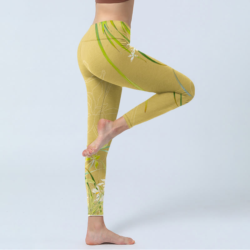 Buddha Stones Yellow Orchid Flowers Weeping Leaves Print Gym Leggings Women's Yoga Pants - image 3
