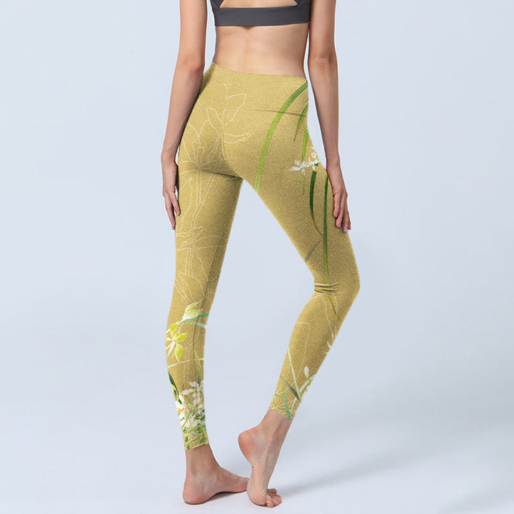 Buddha Stones Yellow Orchid Flowers Weeping Leaves Print Gym Leggings Women's Yoga Pants - image 4