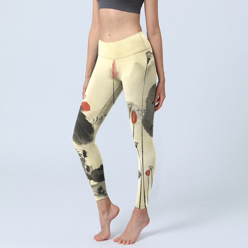 Buddha Stones Lotus Mountains House Print Gym Leggings Women's Yoga Pants - LightGoldenrodYellow - US18，UK/AU22，EU50 (4XL) - image 0