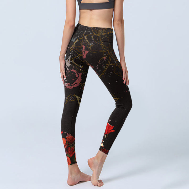 Buddha Stones Red Roses Print Gym Leggings Women's Yoga Pants - image 4
