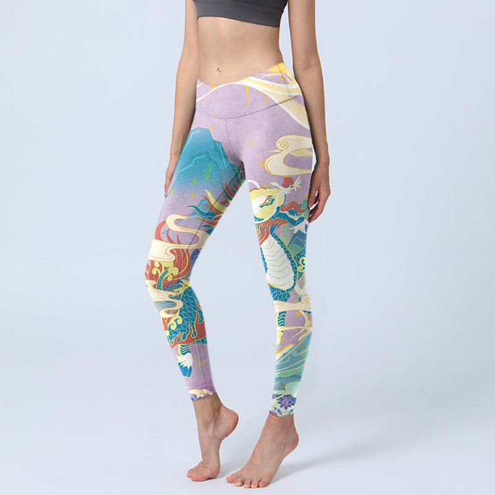 Buddha Stones Purple Dragon Auspicious Clouds Print Gym Leggings Women's Yoga Pants - Plum - US18，UK/AU22，EU50 (4XL) - image 0