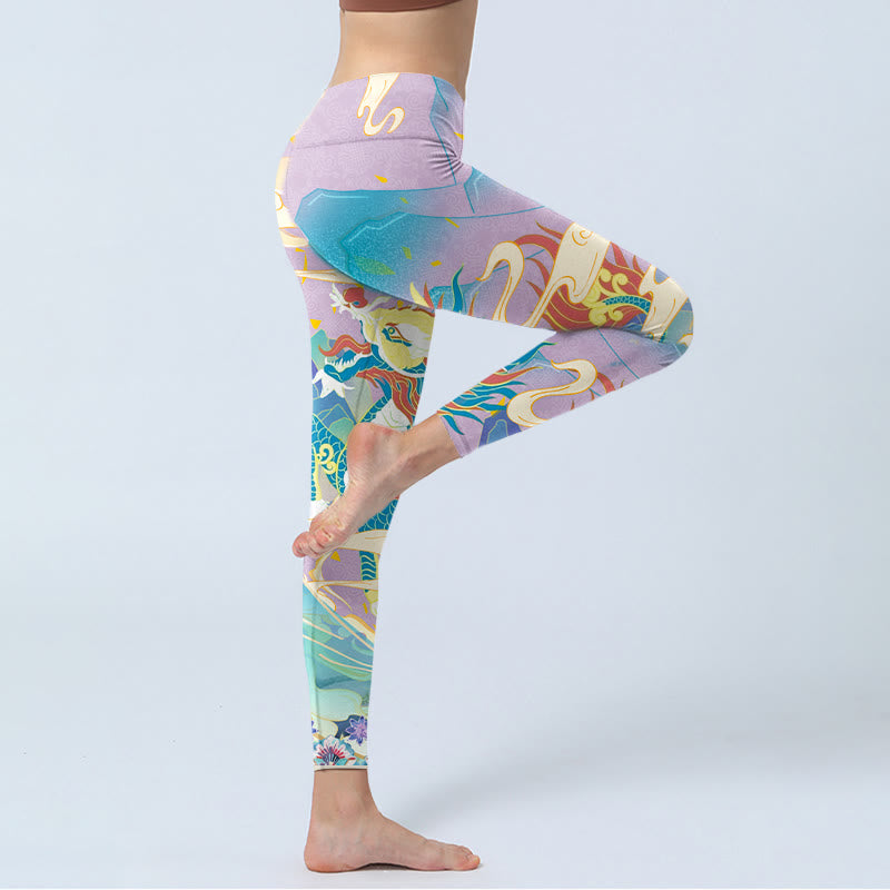 Buddha Stones Purple Dragon Auspicious Clouds Print Gym Leggings Women's Yoga Pants - image 3