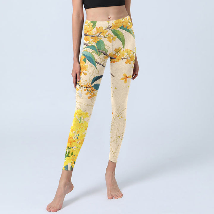 Buddha Stones Yellow Osmanthus Fragrans Rapeseed Print Gym Leggings Women's Yoga Pants - image 5