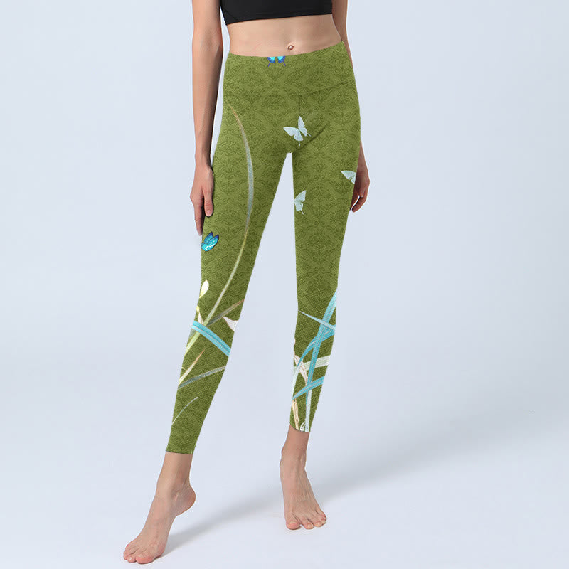 Buddha Stones Green Butterfly Orchid Flowers Print Gym Leggings Women's Yoga Pants - image 5