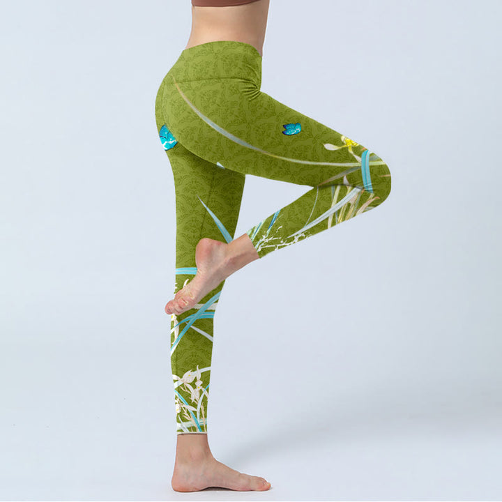 Buddha Stones Green Butterfly Orchid Flowers Print Gym Leggings Women's Yoga Pants - image 3