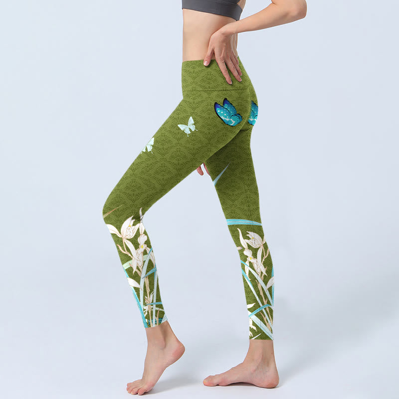 Buddha Stones Green Butterfly Orchid Flowers Print Gym Leggings Women's Yoga Pants - image 2