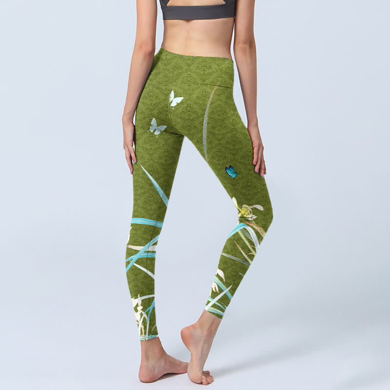 Buddha Stones Green Butterfly Orchid Flowers Print Gym Leggings Women's Yoga Pants - image 4