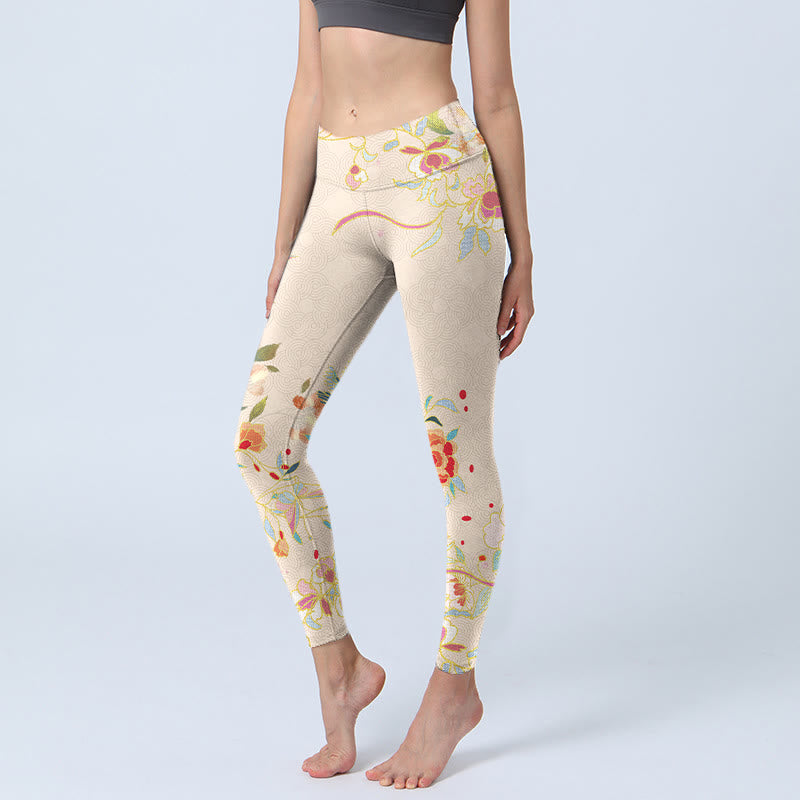 Buddha Stones Apricot Butterfly Peony Flowers Leaves Print Gym Leggings Women's Yoga Pants - FloralWhite - US18，UK/AU22，EU50 (4XL) - image 0