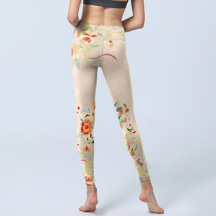 Buddha Stones Apricot Butterfly Peony Flowers Leaves Print Gym Leggings Women's Yoga Pants - image 6