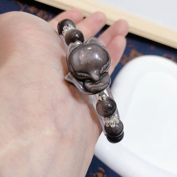 Buddha Stones Natural Silver Sheen Obsidian Nine Tailed Fox Communication Bracelet - image 2