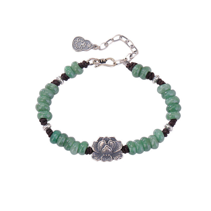 Buddha Stones 925 Sterling Silver Natural Jade Lotus Luck Peace And Joy Bracelet - image 5