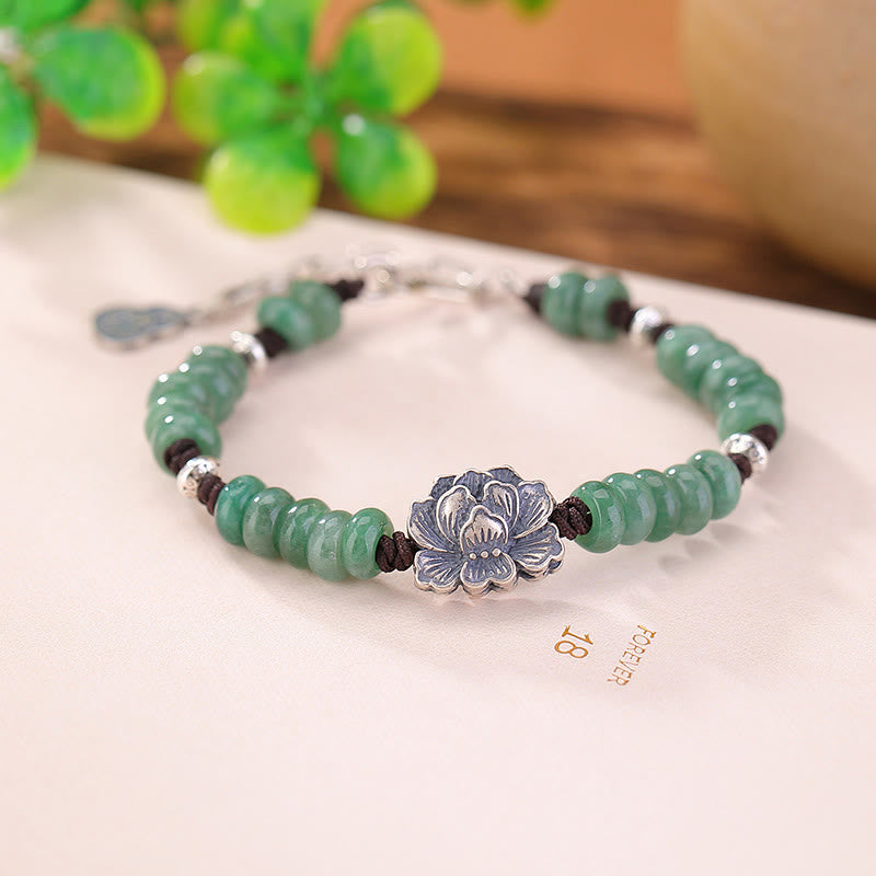 Buddha Stones 925 Sterling Silver Natural Jade Lotus Luck Peace And Joy Bracelet - image 1