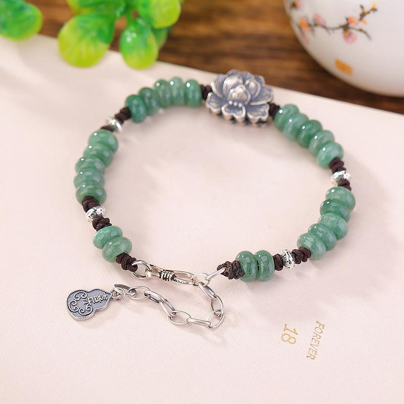 Buddha Stones 925 Sterling Silver Natural Jade Lotus Luck Peace And Joy Bracelet - image 3