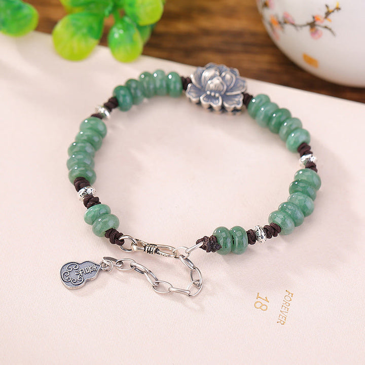 Buddha Stones 925 Sterling Silver Natural Jade Lotus Luck Peace And Joy Bracelet - image 3